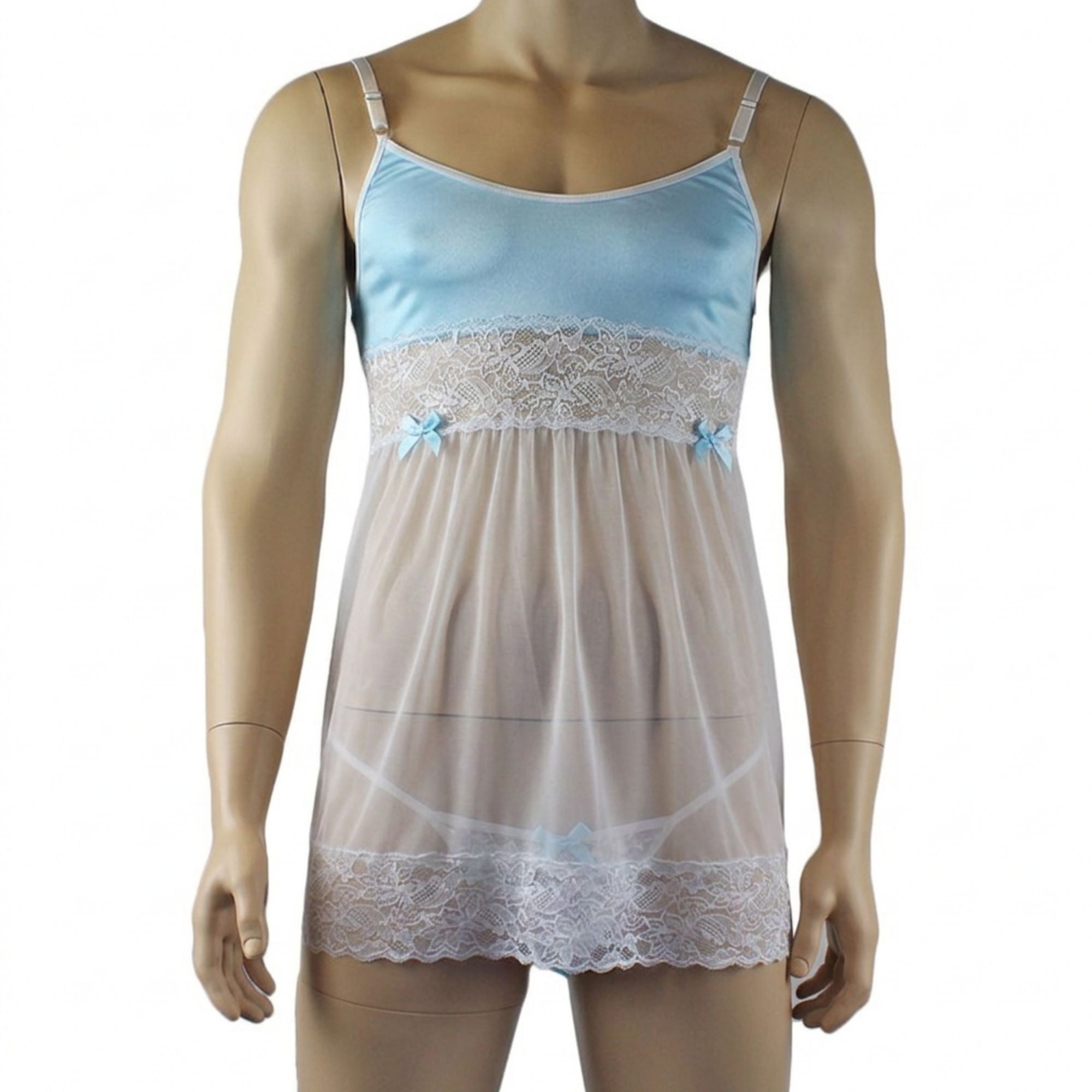 Mens Joanne Sexy Lingerie Babydoll with G string - Sizes up to 3XL (light blue & white plus other colours)