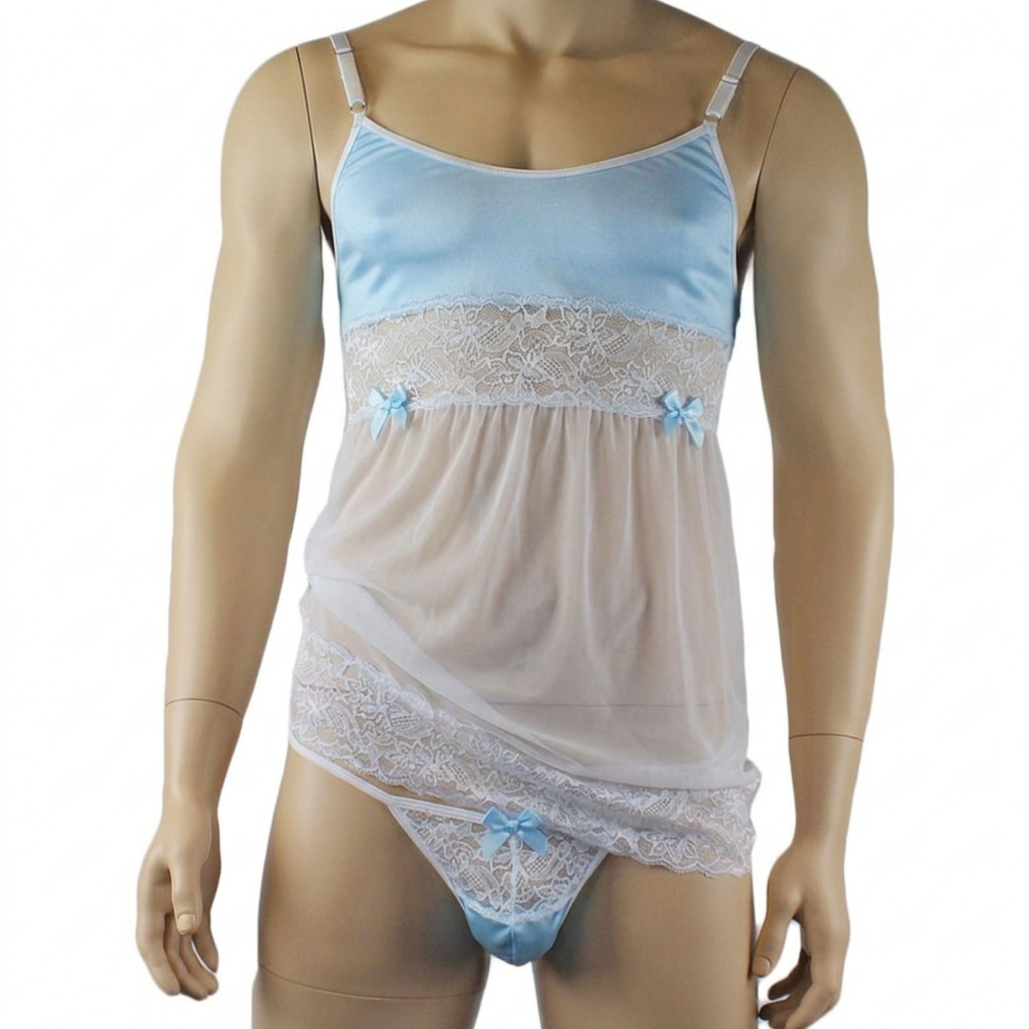 Mens Joanne Sexy Lingerie Babydoll with G string - Sizes up to 3XL (light blue & white plus other colours)