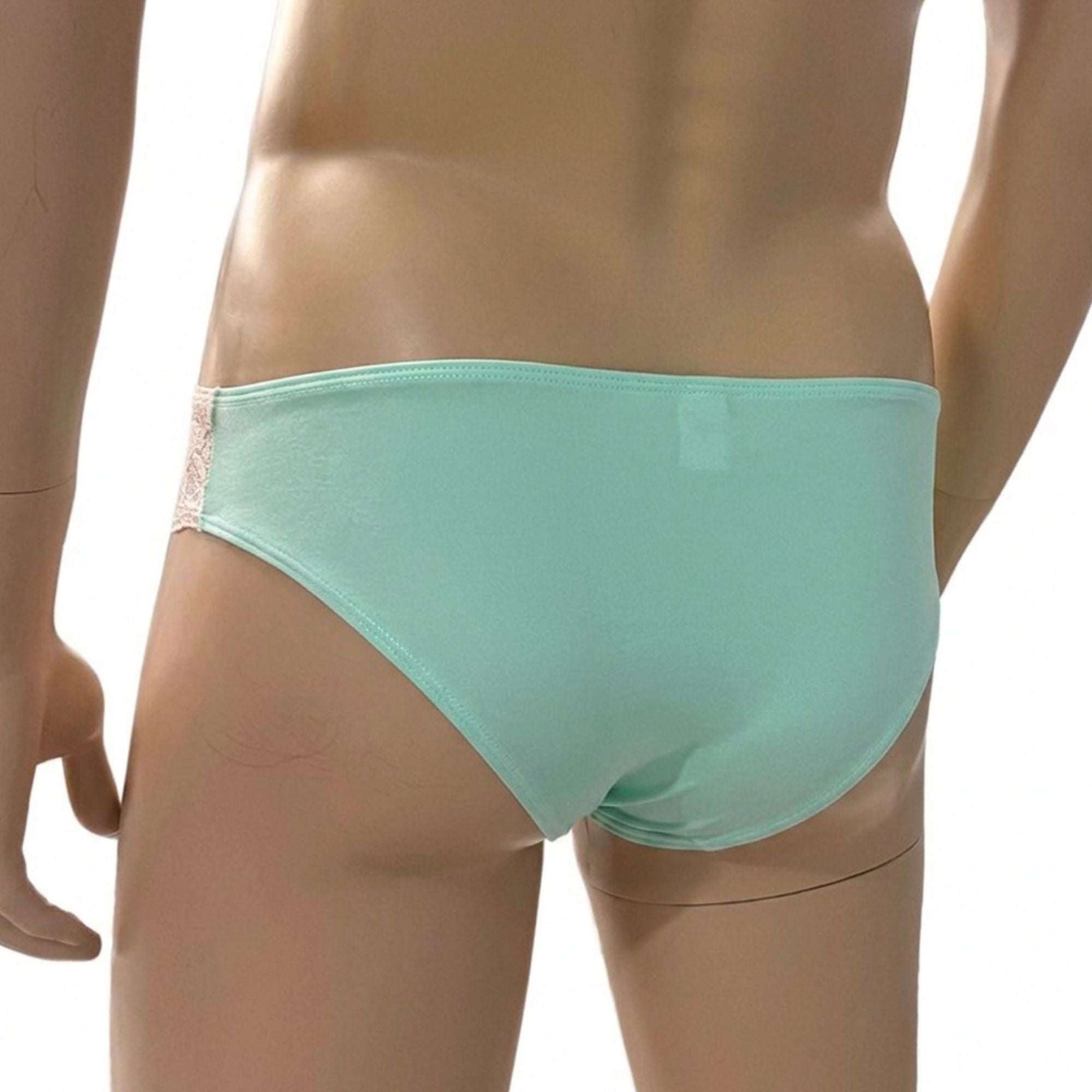 Mens Jackie Stretch Spandex Seamless Front Bikini Brief Mint & White Lace