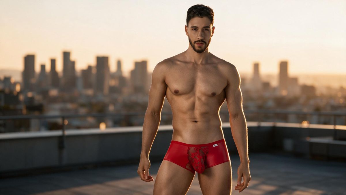 CandyMan 95008 Mens Intimate Sheer Lace Trunks Red
