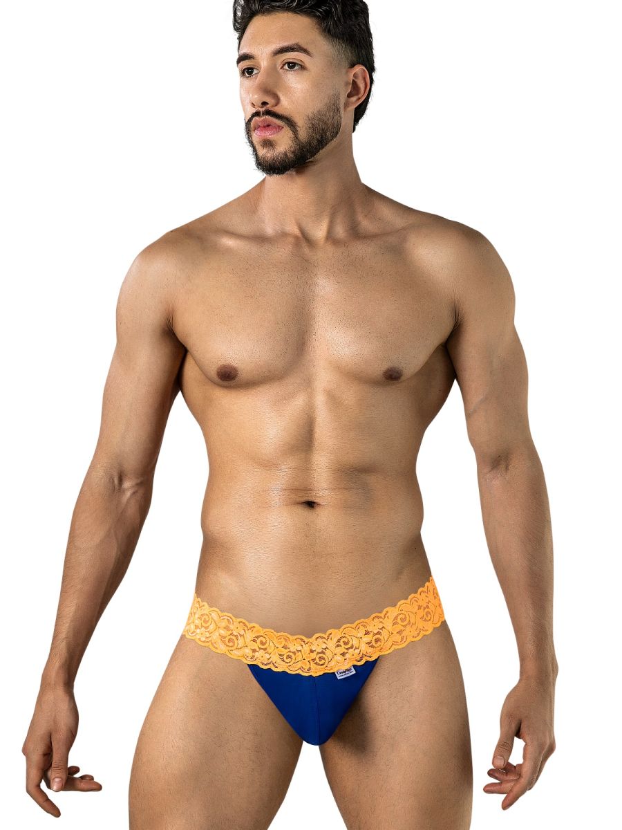 CandyMan 95015 Mens Daring Floral Lace Thongs Blue & Hot Orange