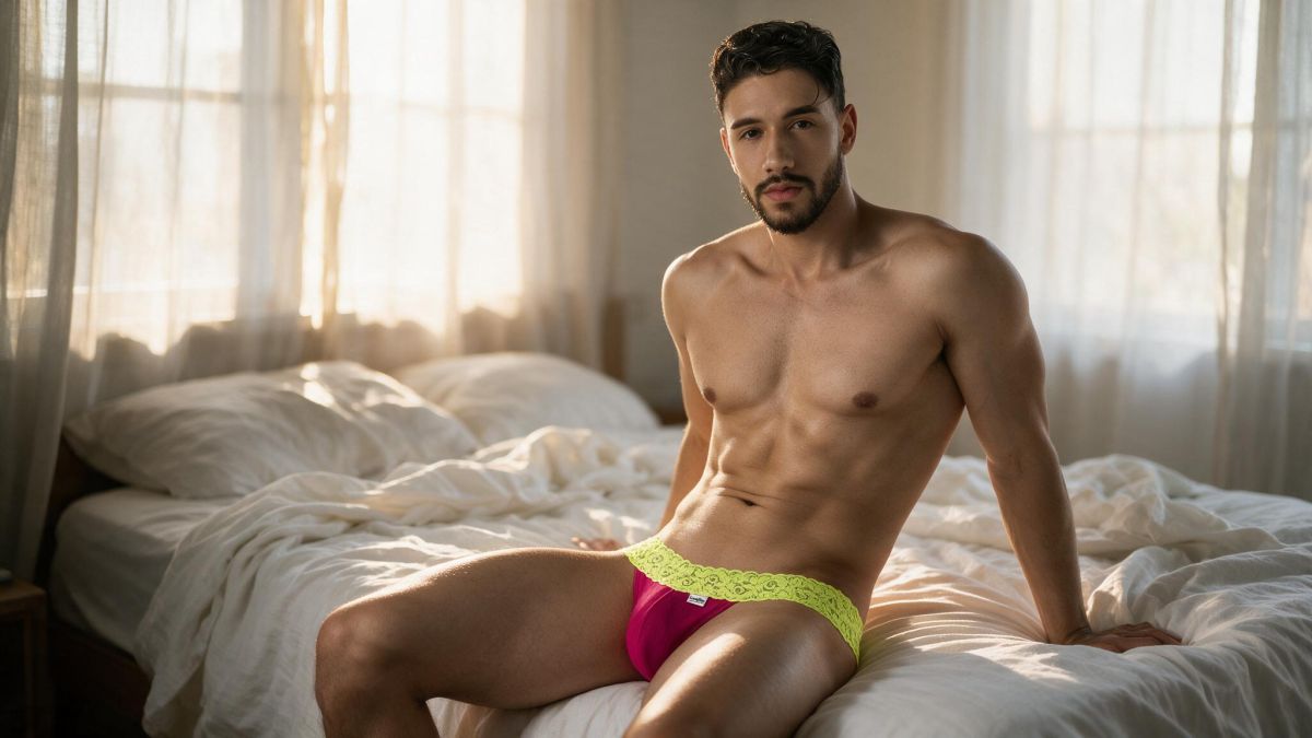 CandyMan 95015 Mens Daring Floral Lace Thongs Hot Pink & Yellow