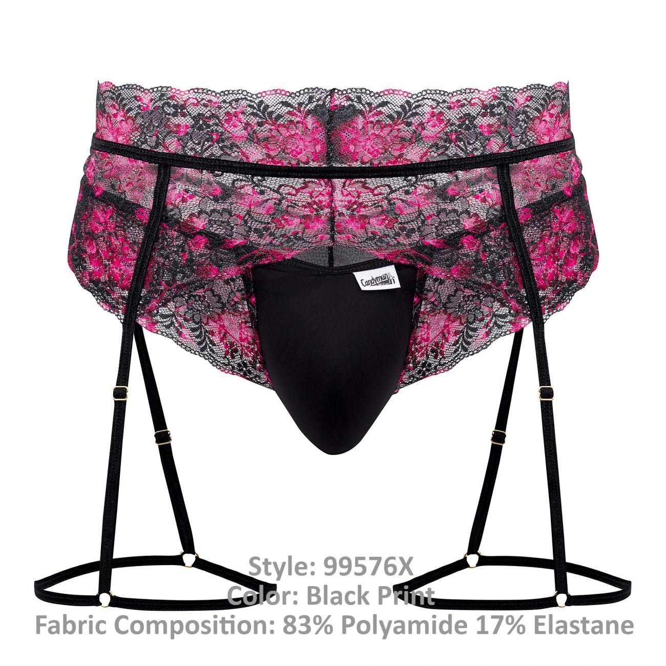 JCSTK - CandyMan 99576X Lace Garter Thongs Black Print Plus Sizes