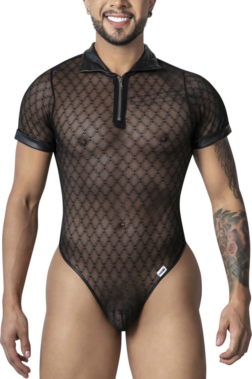 CandyMan 99902 Male Sheer Polo Inspired Geometric Mesh Bodysuit Black