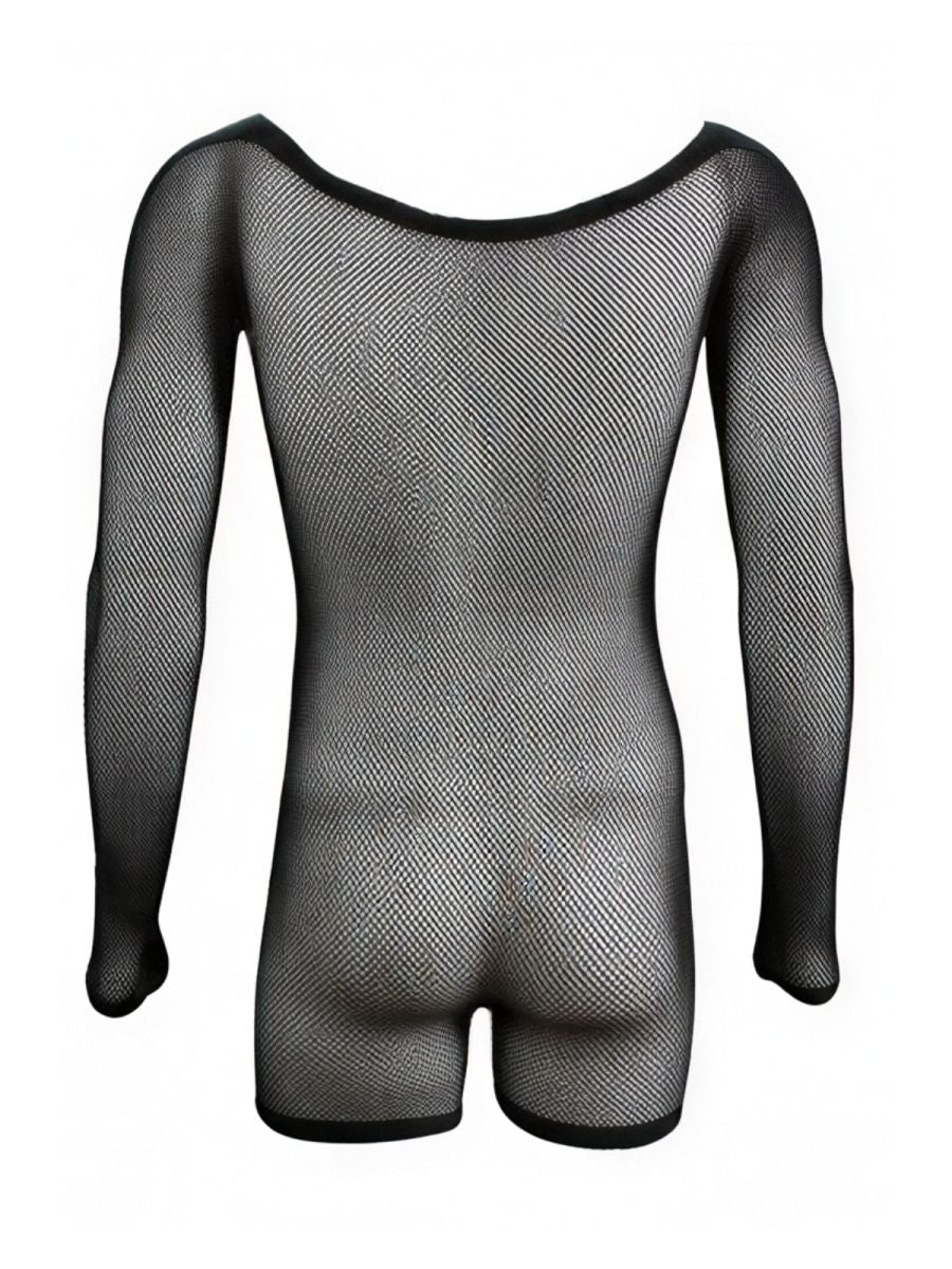CandyMan 99955 Mens Stretch Fishnet Bodysuit with Long Sleeves Black