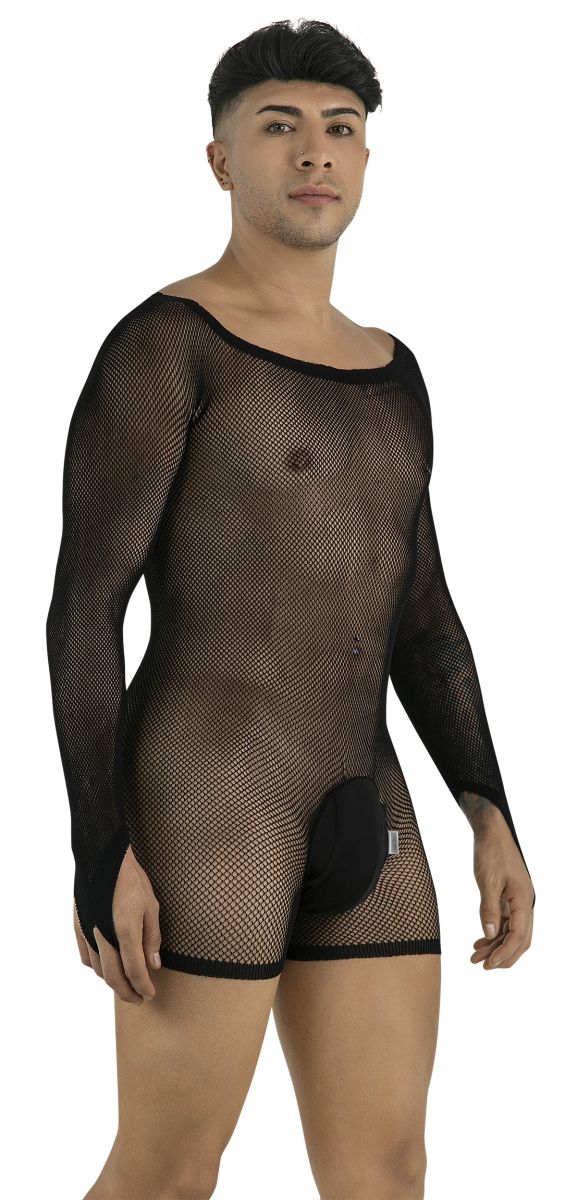 CandyMan 99955 Mens Stretch Fishnet Bodysuit with Long Sleeves Black