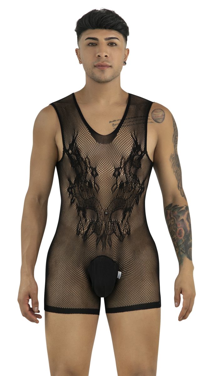 CandyMan 99958 Mens Stretch Fishnet Bodysuit with Lace Style Graphic Design Black