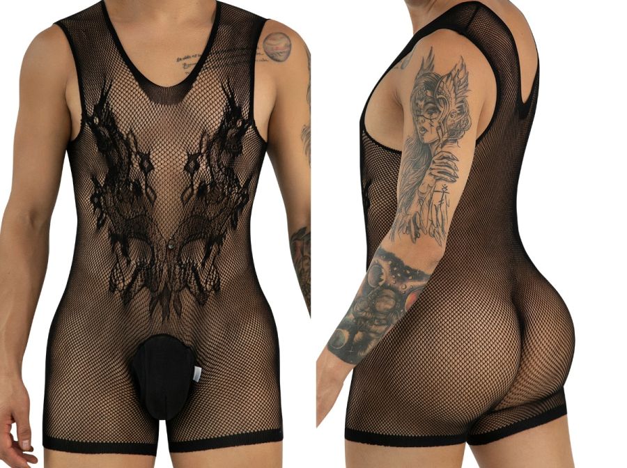CandyMan 99958 Mens Stretch Fishnet Bodysuit with Lace Style Graphic Design Black
