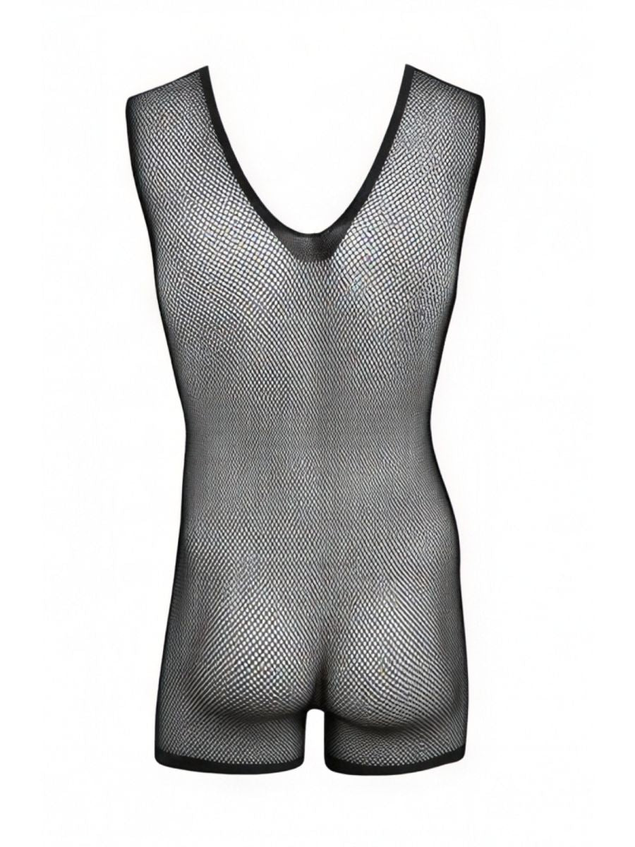 CandyMan 99958 Mens Stretch Fishnet Bodysuit with Lace Style Graphic Design Black