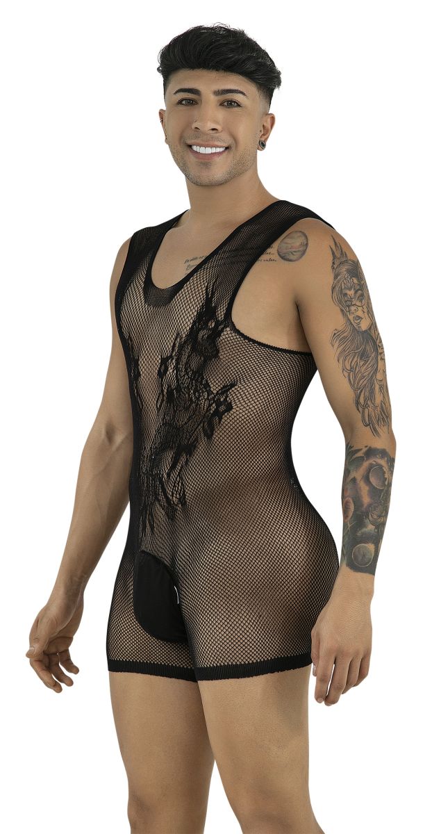 CandyMan 99958 Mens Stretch Fishnet Bodysuit with Lace Style Graphic Design Black