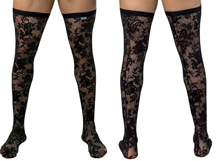 CandyMan 99968 Male Floral Stretch Lace Thigh Highs Black