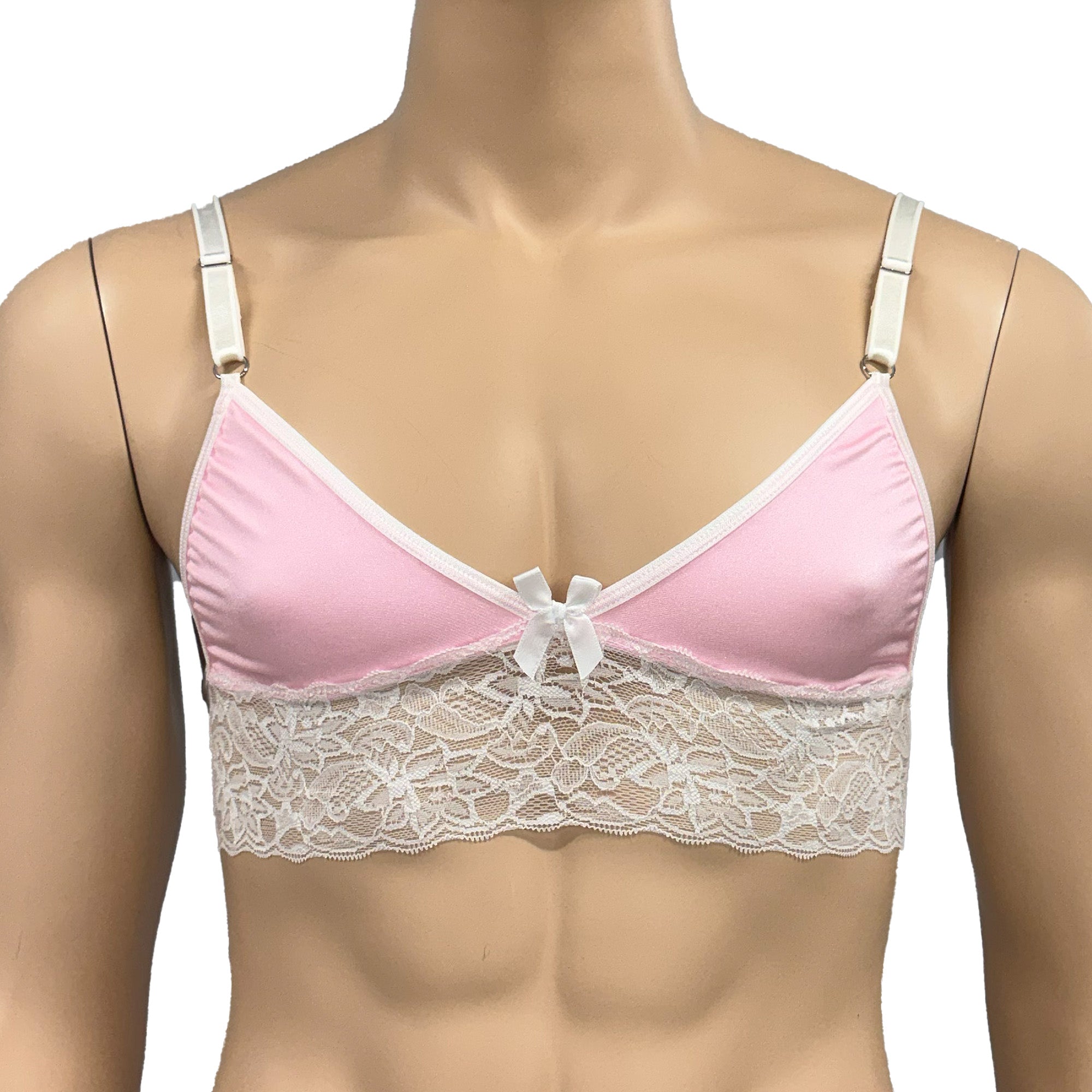Mens Jackie & Lace Bra Top and Seamless Front Brief Light Pink & White Lace