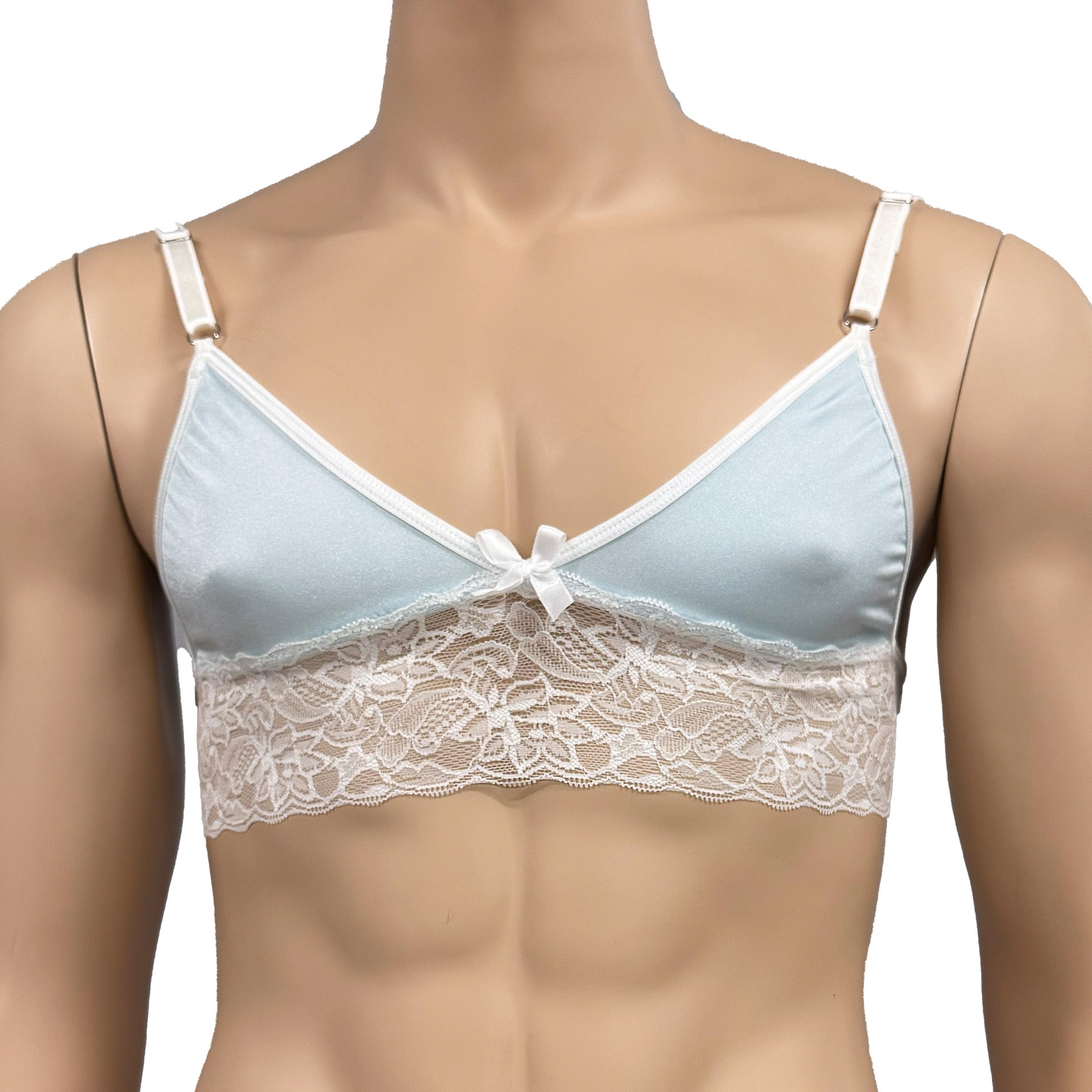 Mens Jackie & Lace Bra Top and Seamless Front Brief Light Blue & White Lace