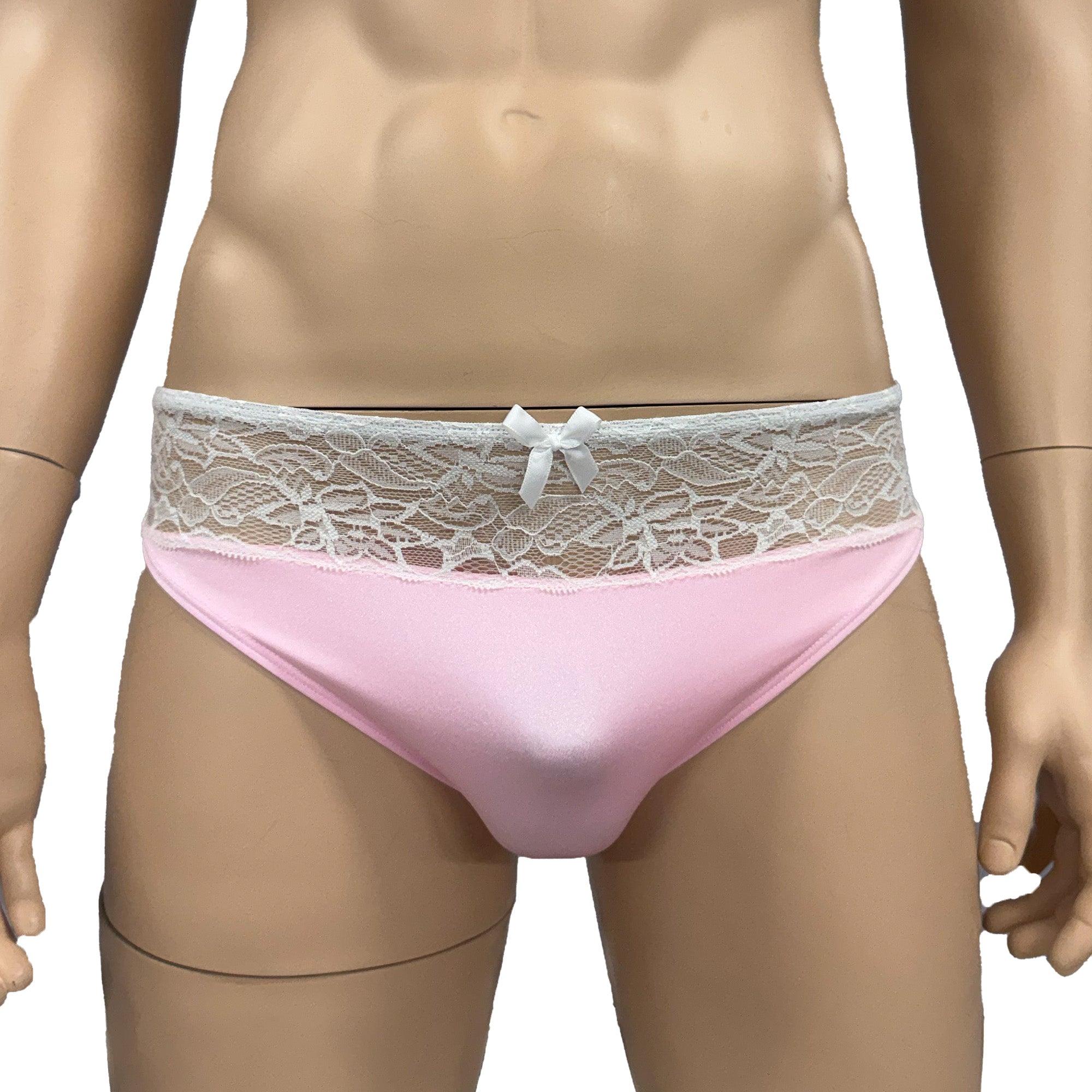 Mens Jackie & Lace Bra Top and Seamless Front Brief Light Pink & White Lace