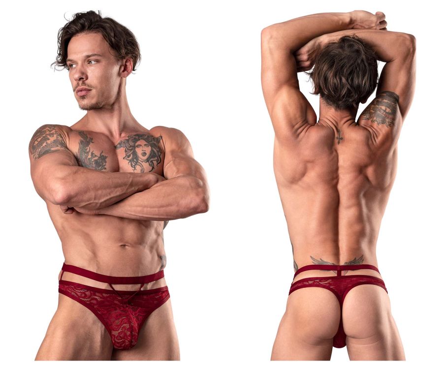 Male Power 446-289 Lucifer Cut Out Strappy Thong Burgundy