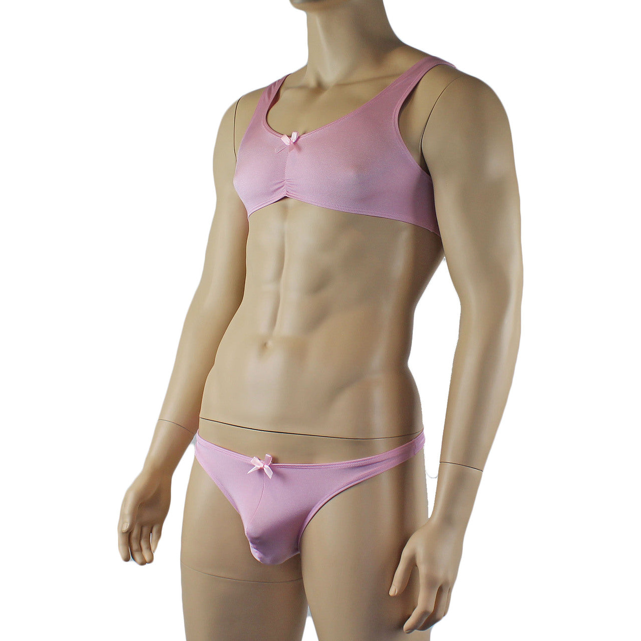 Male Angel Stretch Spandex Bra Top & Matching Thong with Bow Pink