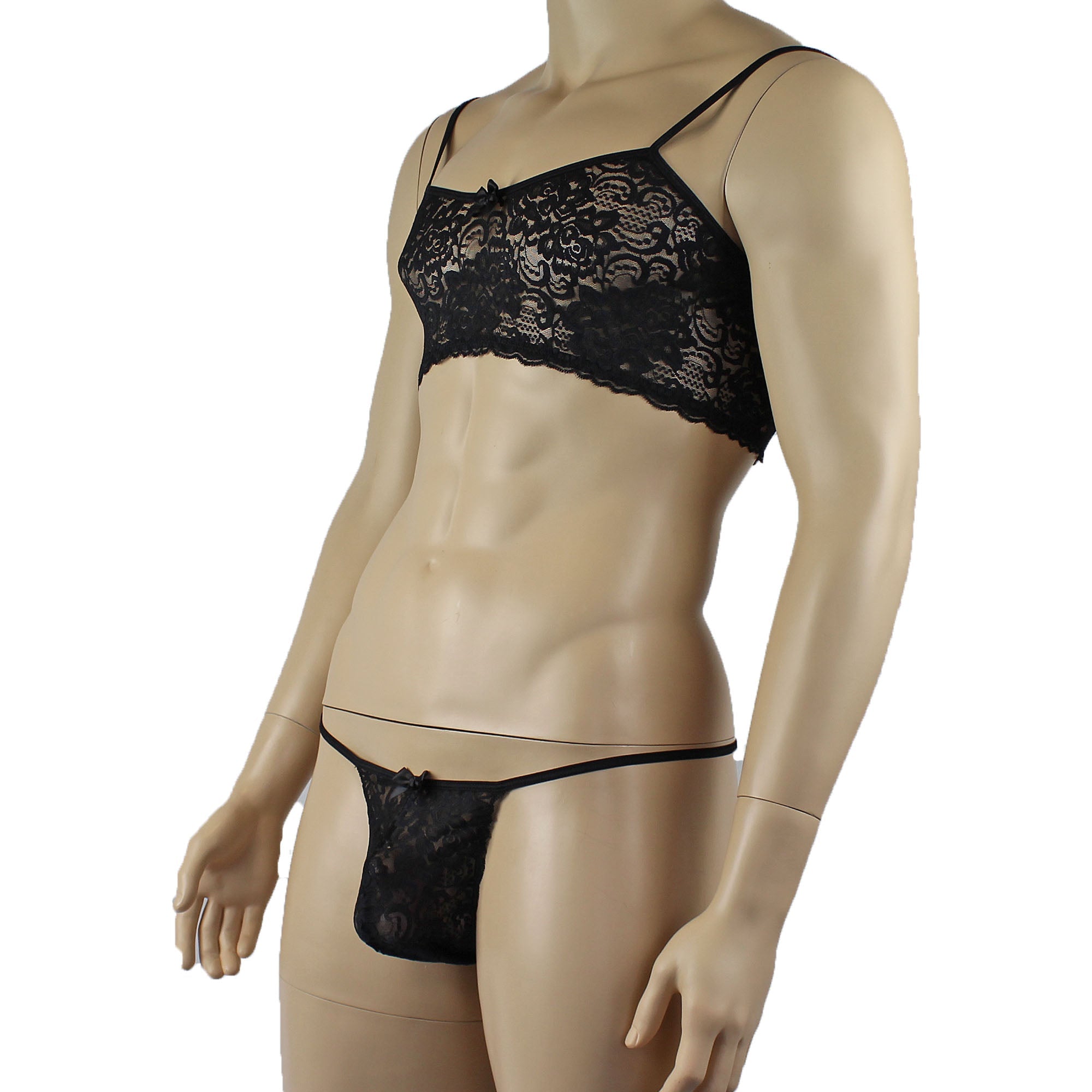 Mens Rebecca Pretty Floral Lingerie Lace Bra Top, Open Garter Boxer Shorts with G string Black