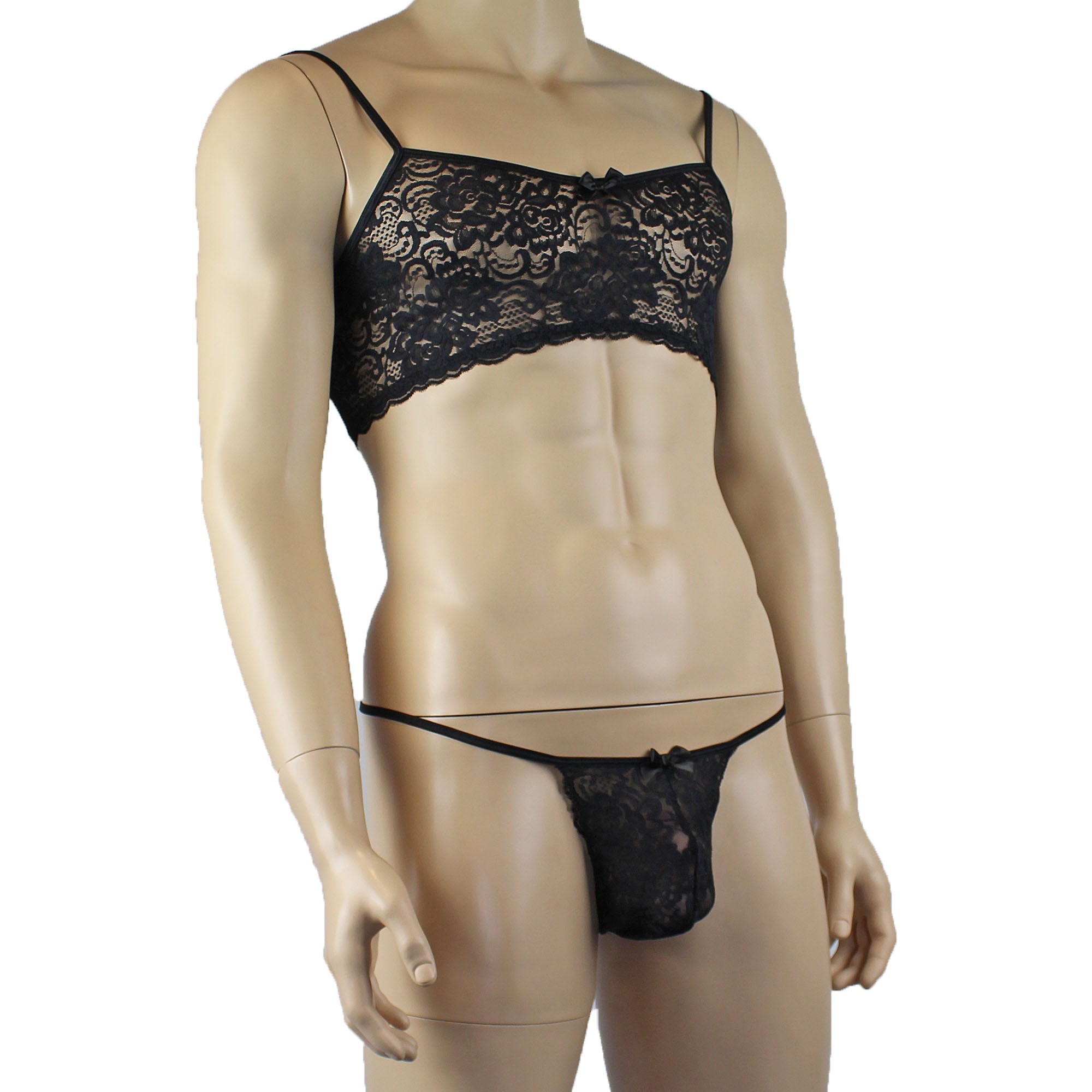 Mens Rebecca Pretty Floral Lingerie Lace Bra Top, Open Garter Boxer Shorts with G string Black