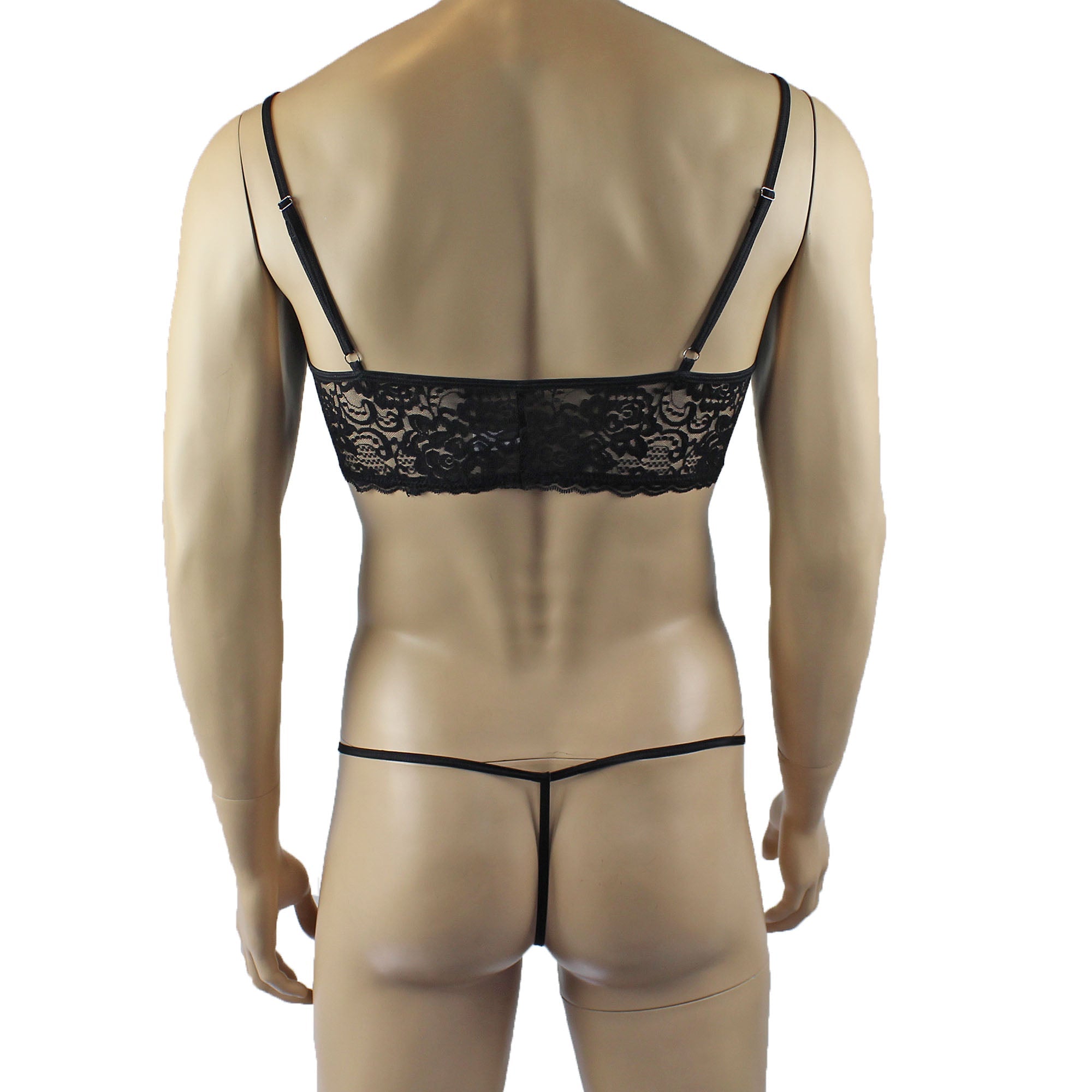 Mens Rebecca Pretty Floral Lingerie Lace Bra Top, Open Garter Boxer Shorts with G string Black