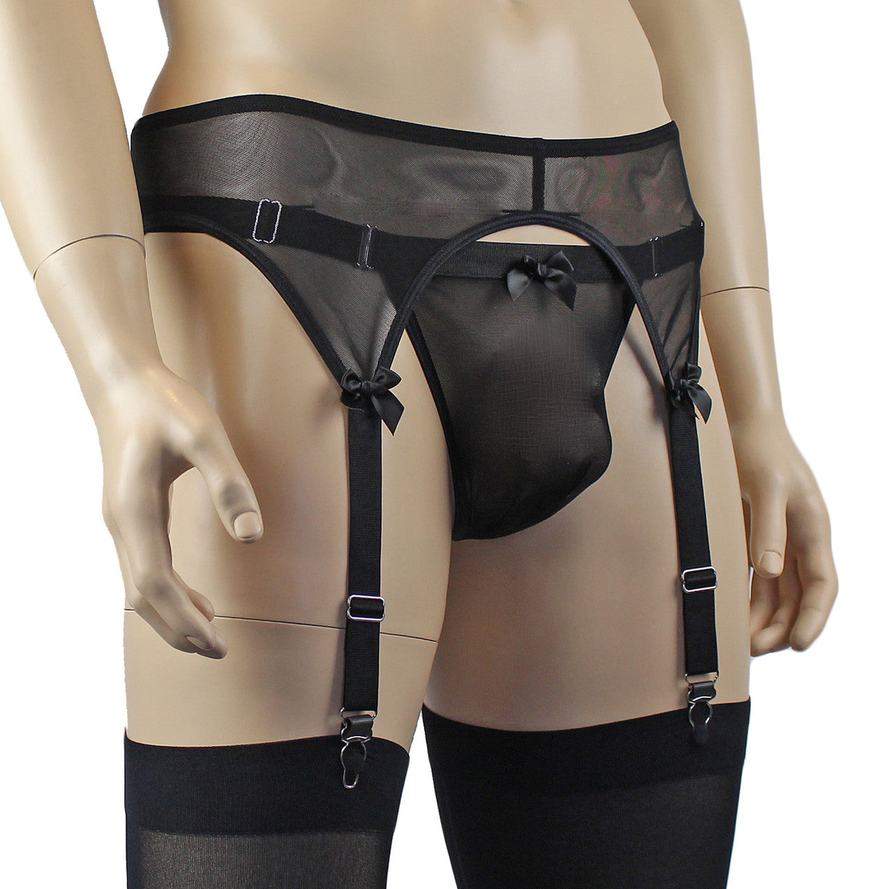 Mens Exotic Sheer Mesh Garterbelt & G string with Stockings Black