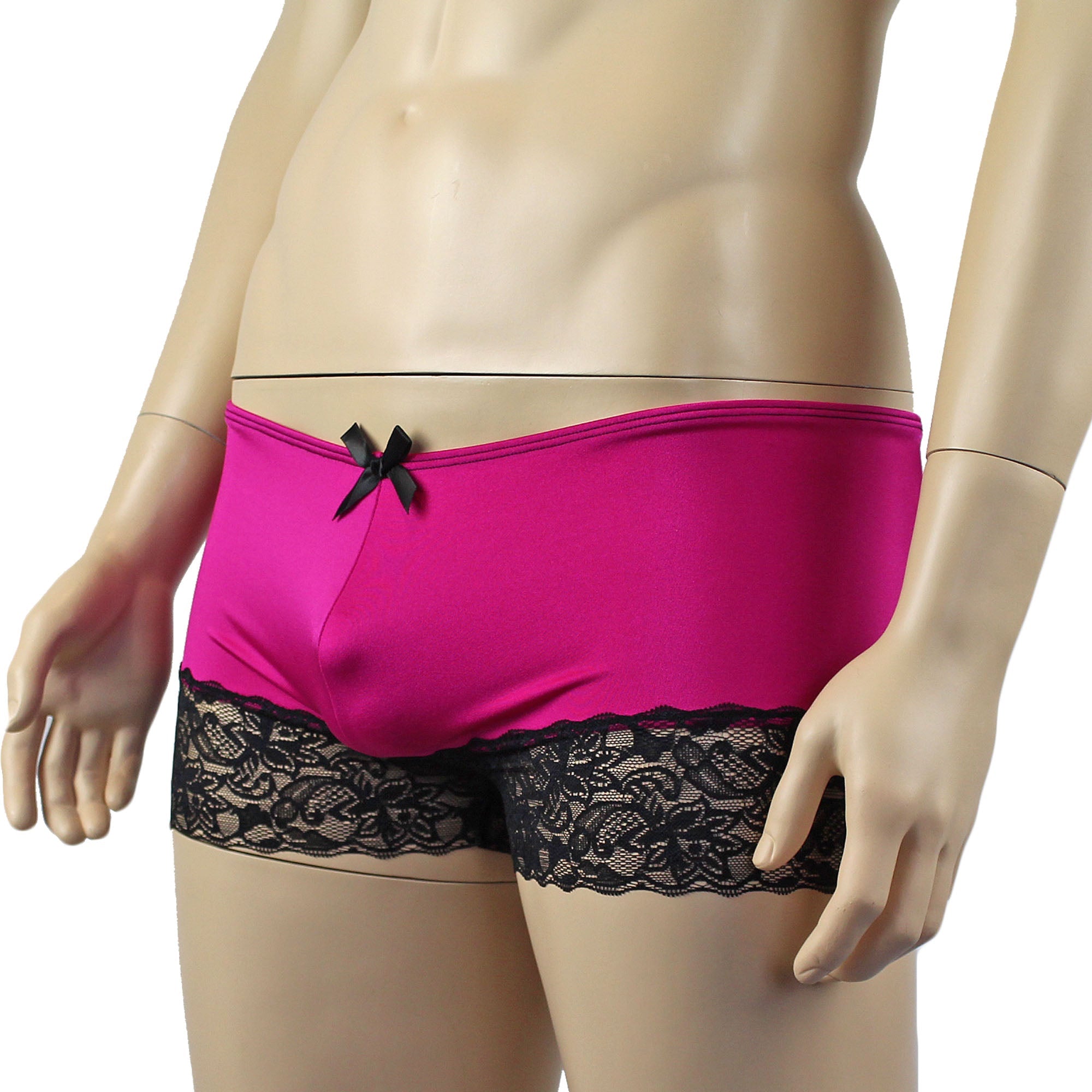 Mens Glamour Spandex & Lace Boxer Brief Shorts Raspberry & Black