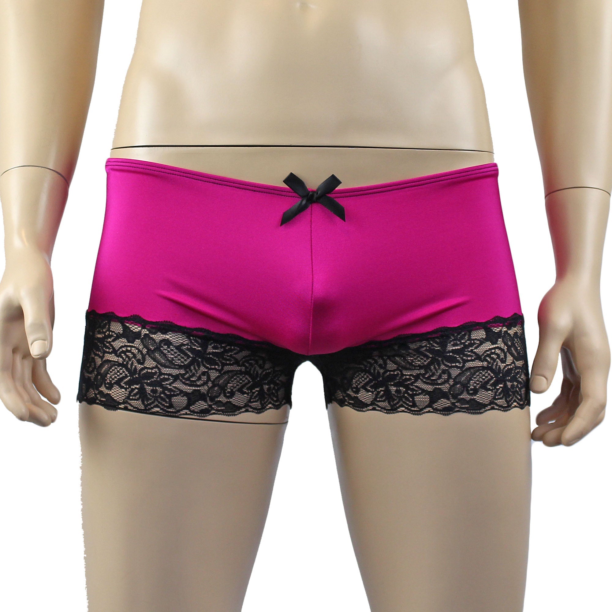 Mens Glamour Spandex & Lace Boxer Brief Shorts Raspberry & Black
