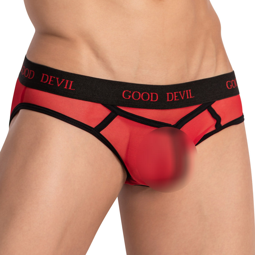 Good Devil GDI038 Wide Waistband Sheer Panels Classic Bikini for Men Red