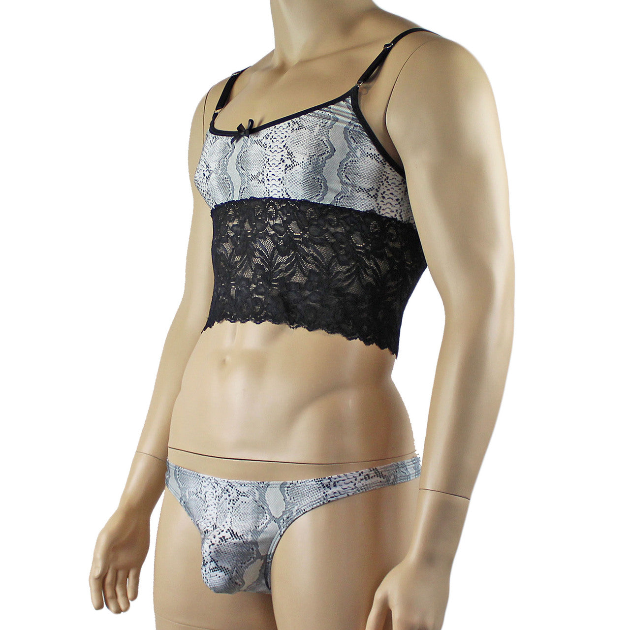 Mens Grey Snake Print & Black Lace Mens Bra Top Camisole and Thong