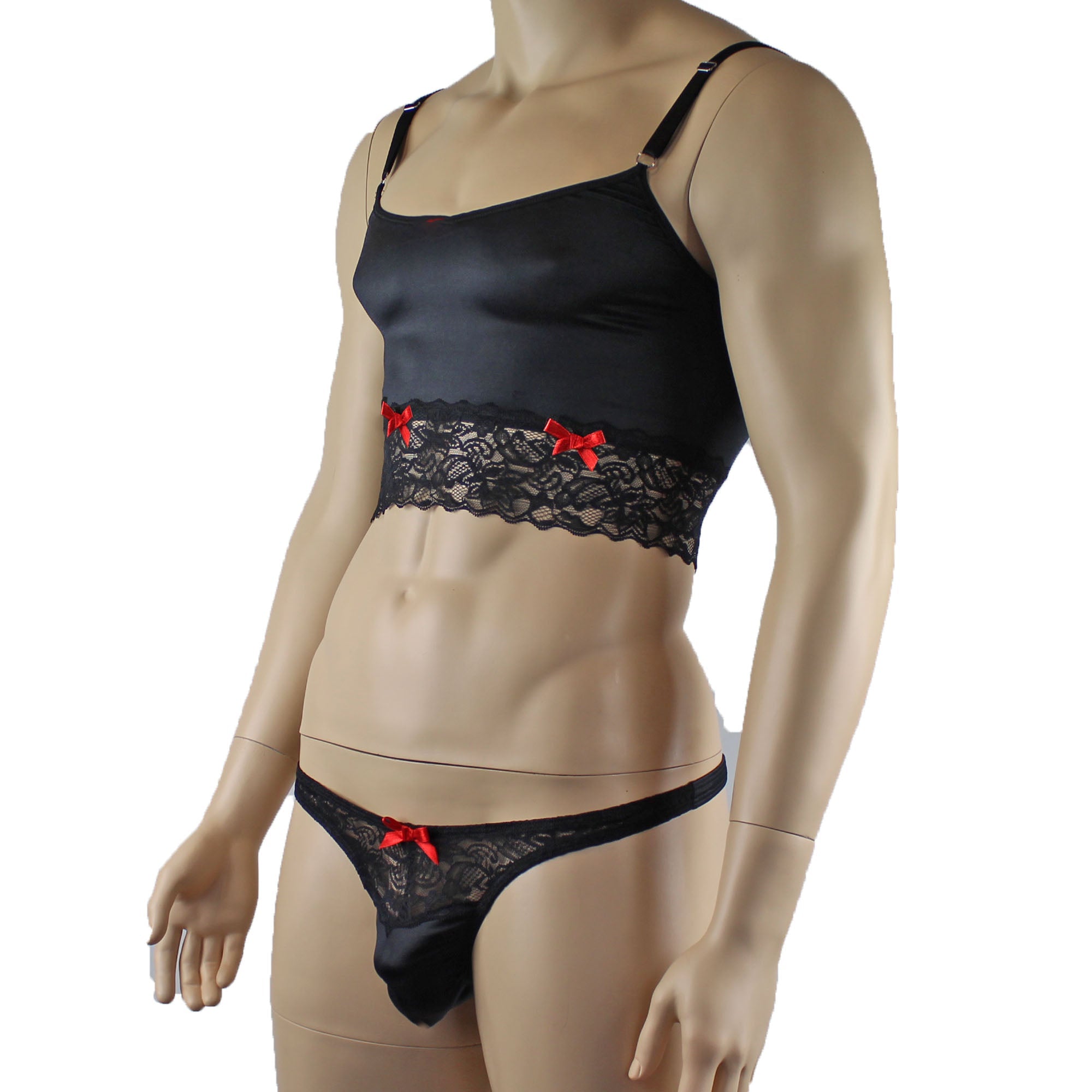 Mens Joanne Satin & Lace Crop Cami Top with Sexy Thong - Sizes up to 3XL Black and Black Lace