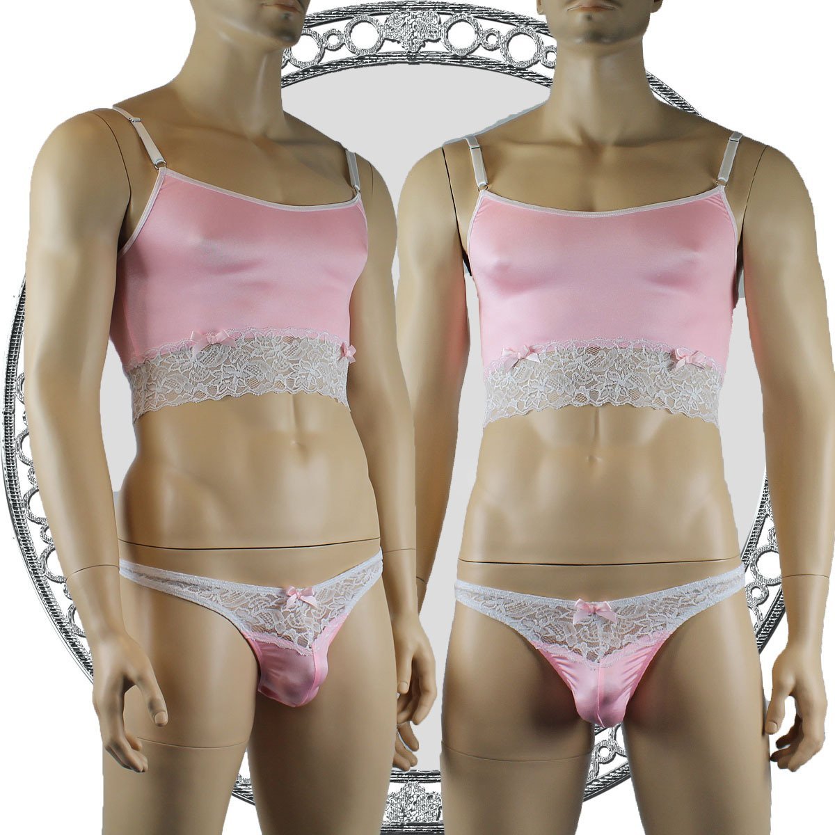 Mens Satin & Lace Crop Cami Top with Sexy Thong Pink and White