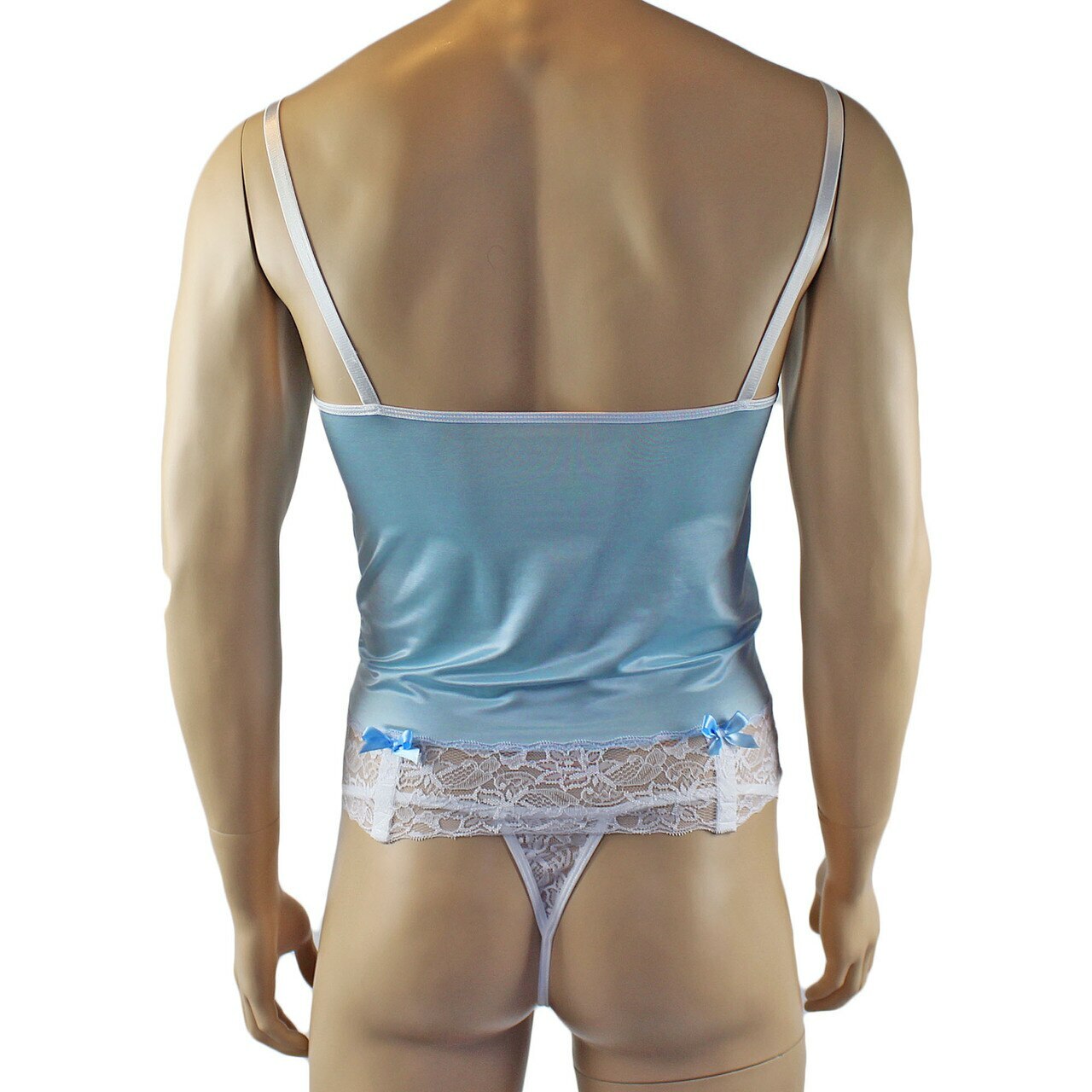 Mens Joanne Camisole Bustier Garter Top with Pouch G string & Stockings - Sizes up to 3XL Light Blue and White Lace