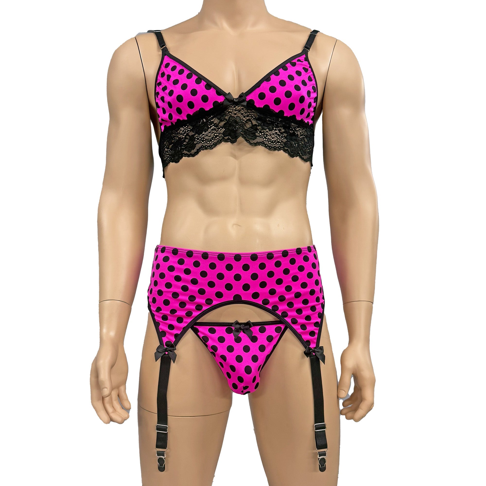 Mens Hot Pink Polka Dot & Lace Bra Top with G string & Garterbelt