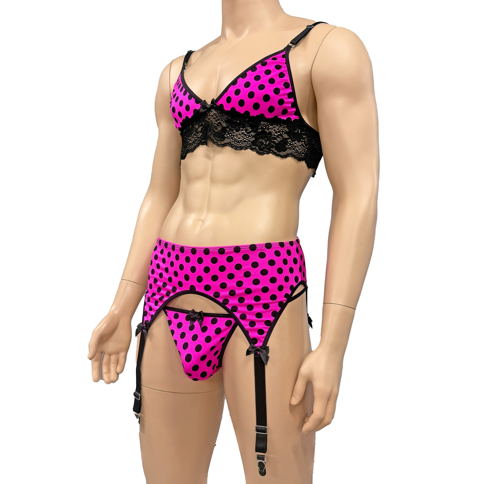 Mens Hot Pink Polka Dot & Lace Bra Top with G string & Garterbelt