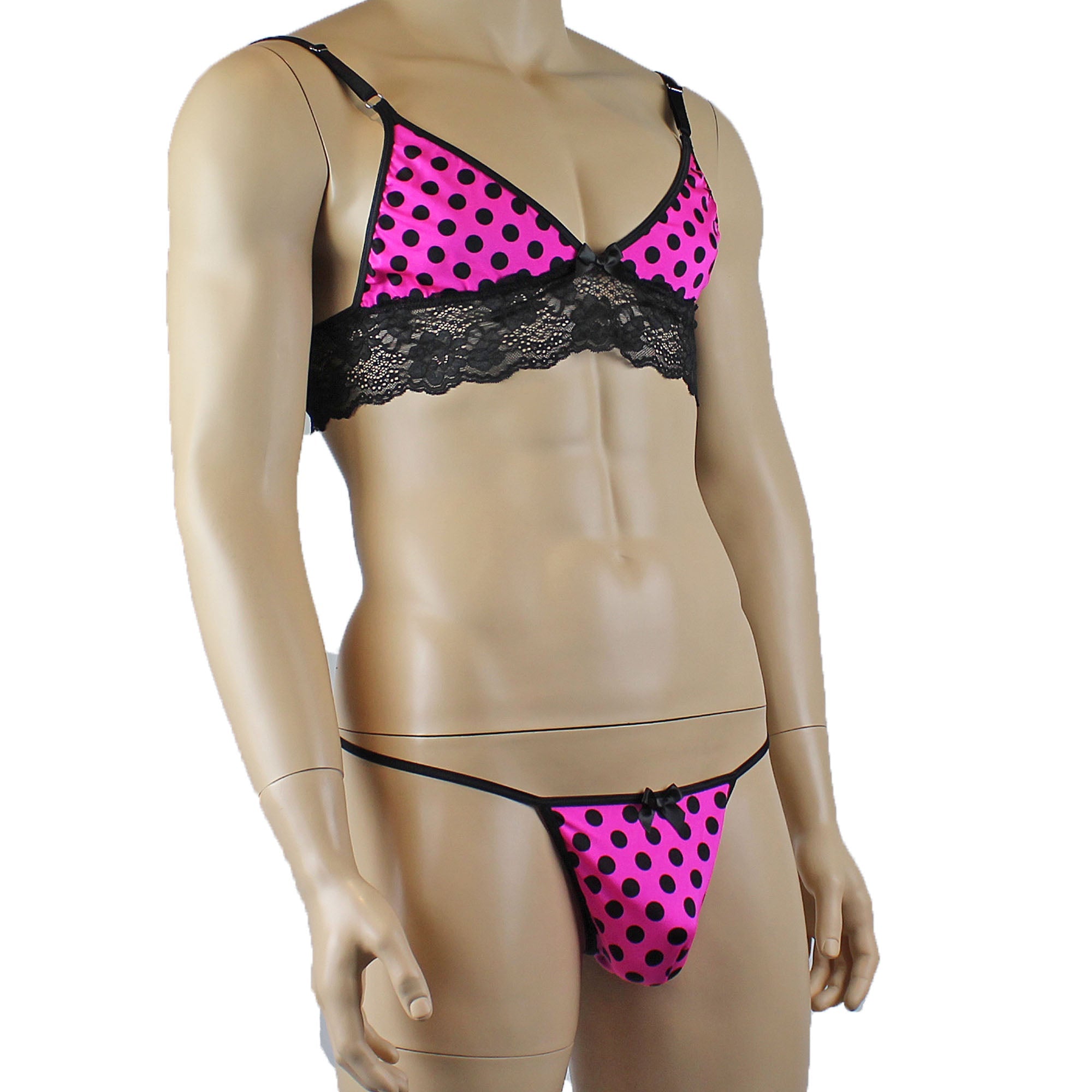 Mens Hot Pink Polka Dot & Lace Bra Top with Matching G string