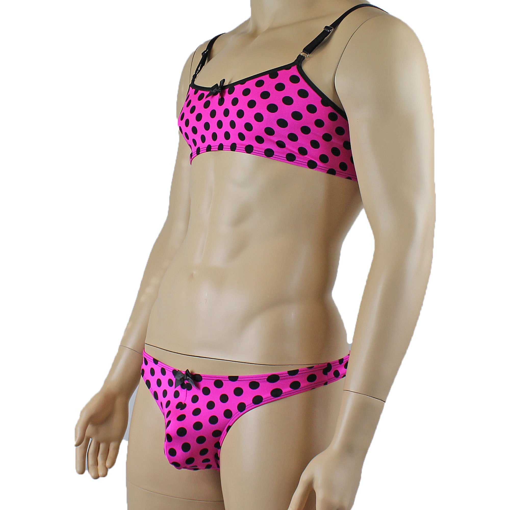 Mens Hot Pink Polka Dot Crop Top Bra & G string Thong