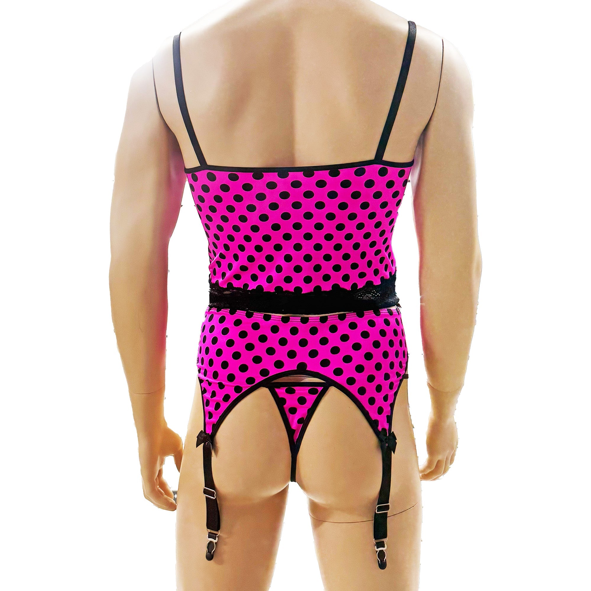 Mens Hot Pink Polka Dot with Black Lace Camisole Top with G string & Garterbelt