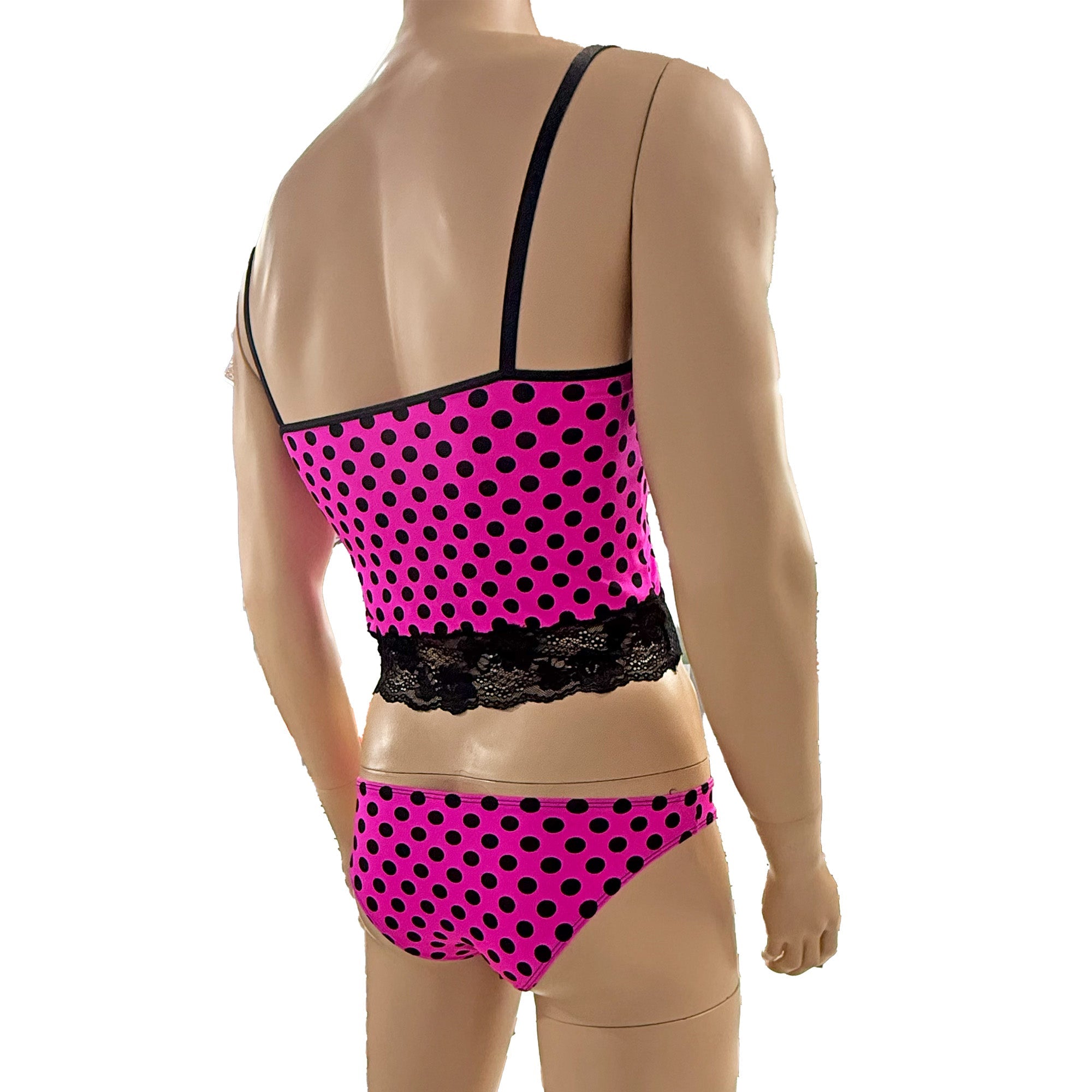 Mens Hot Pink Polka Dot & Lace Camisole Top & Seamless Bikini Brief