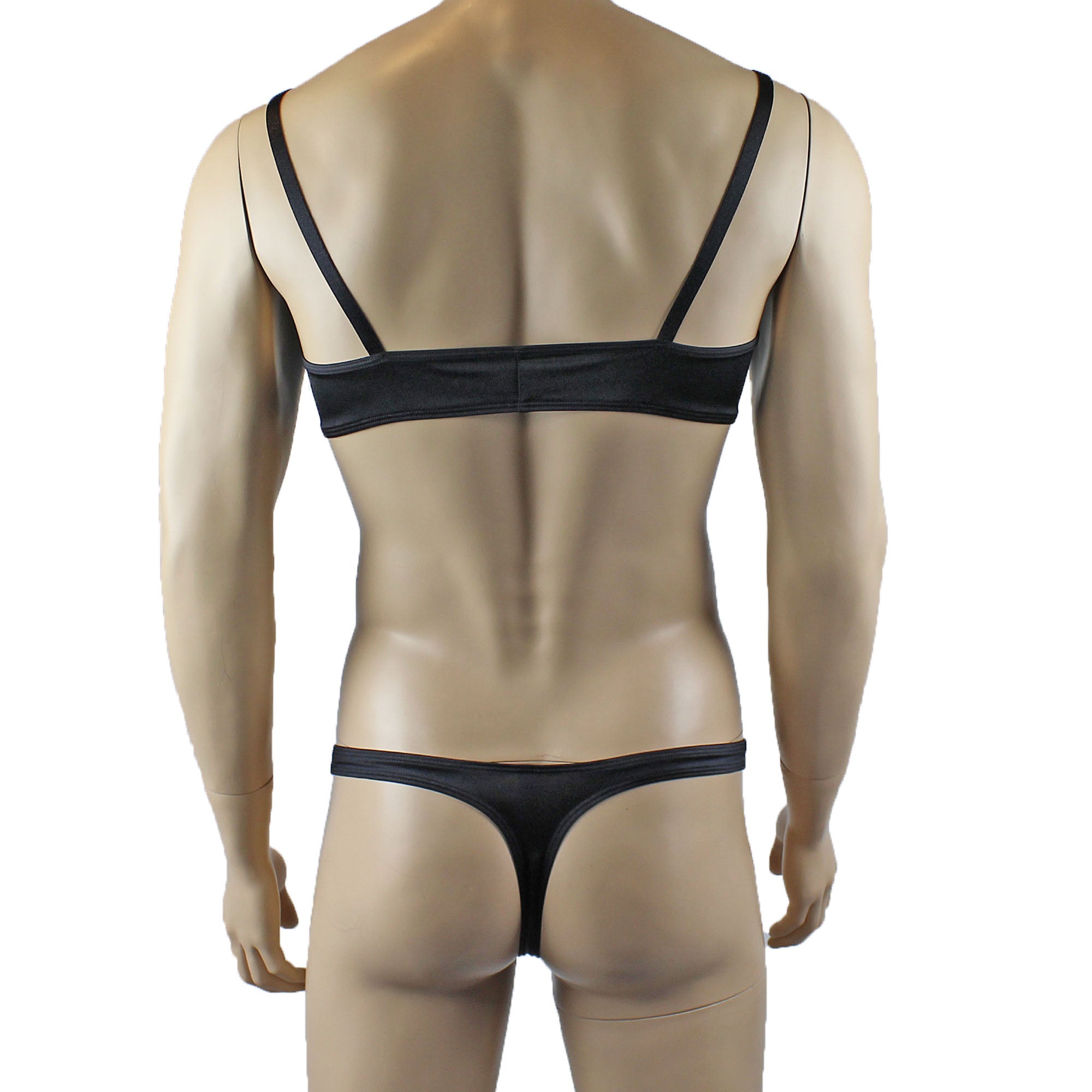 Male Romance Stretch Spandex Bra, G string Thong & Garterbelt Black