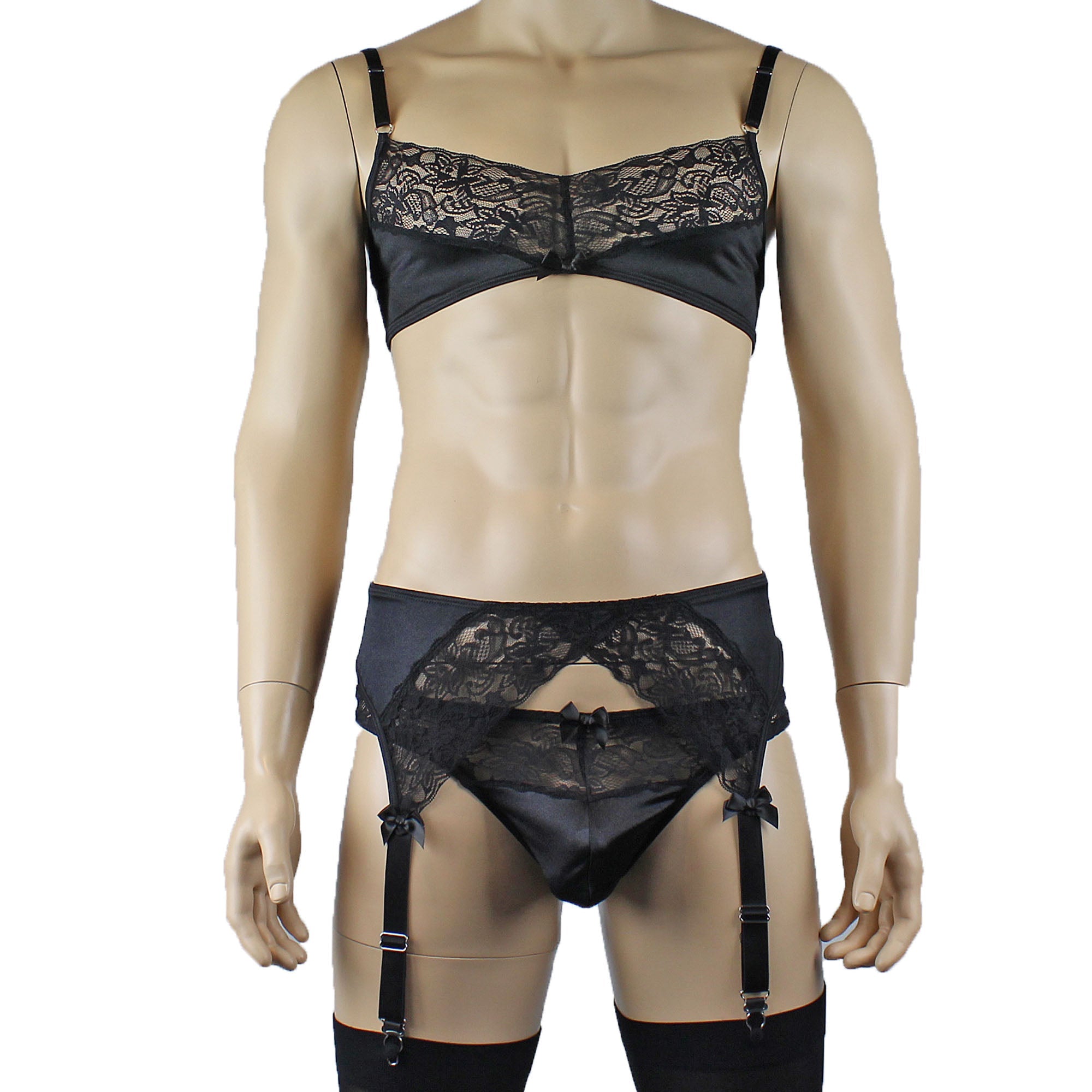 Male Romance Stretch Spandex Bra, G string Thong & Garterbelt Black Male Romance Stretch Spandex Bra, G string Thong & Garterbelt Black