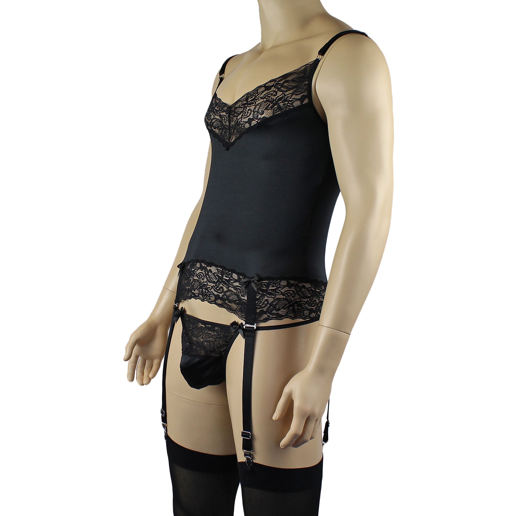 Male Romance Stretch Spandex Corset Camisole Top & G string for Lingerie Men Black or White