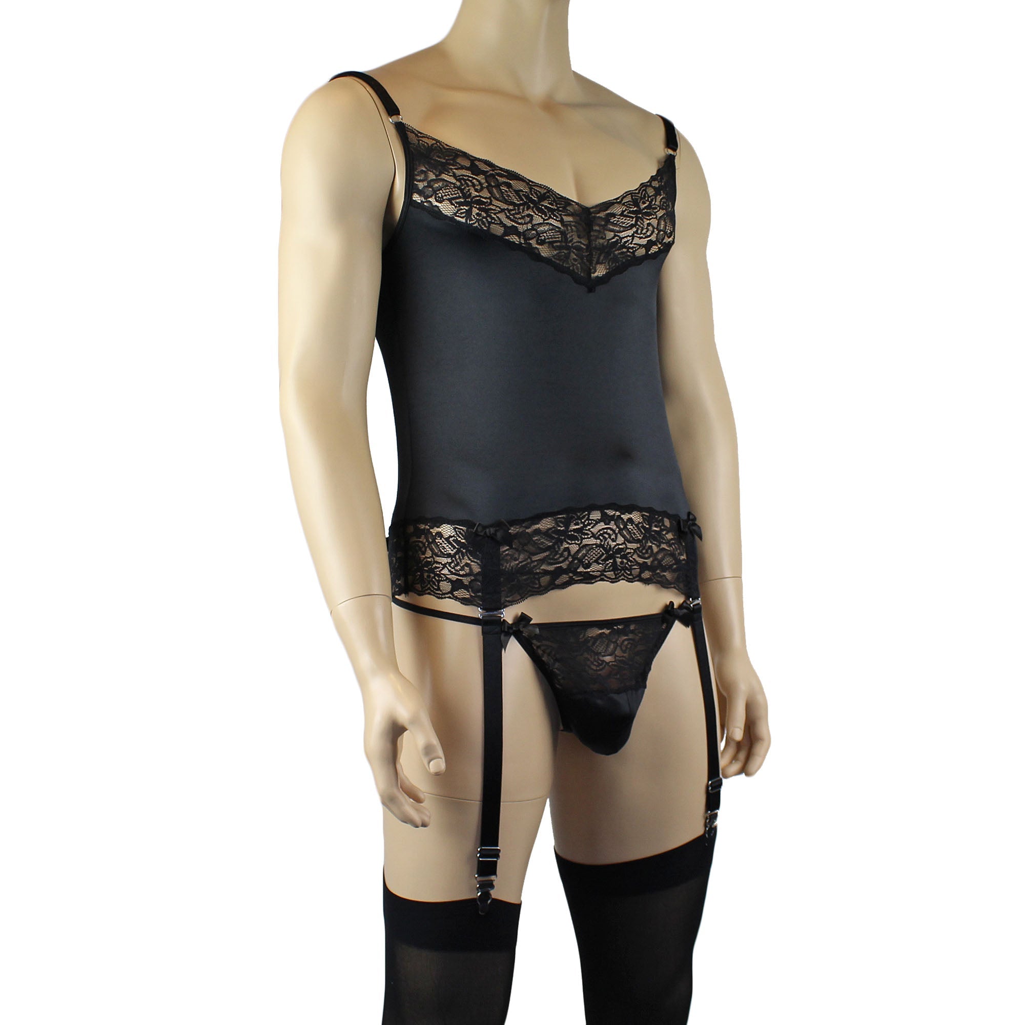 Male Romance Stretch Spandex Corset Camisole Top & G string for Lingerie Men Black or White
