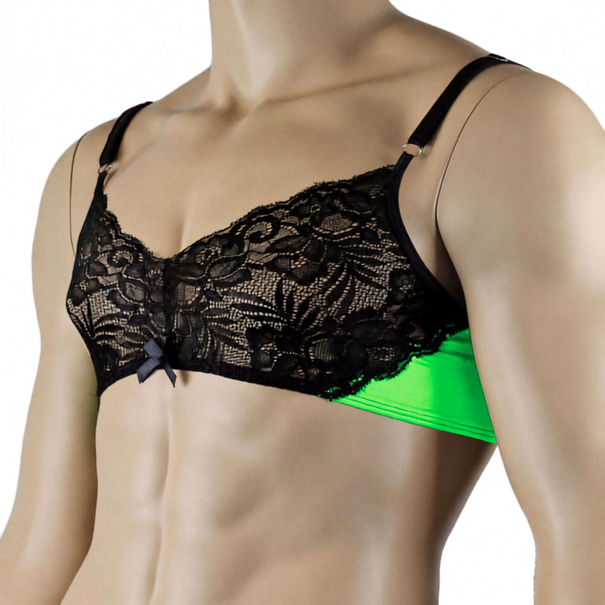 Mens Risque Bra Top with Wide Floral Lace Neon Green & Black Lace