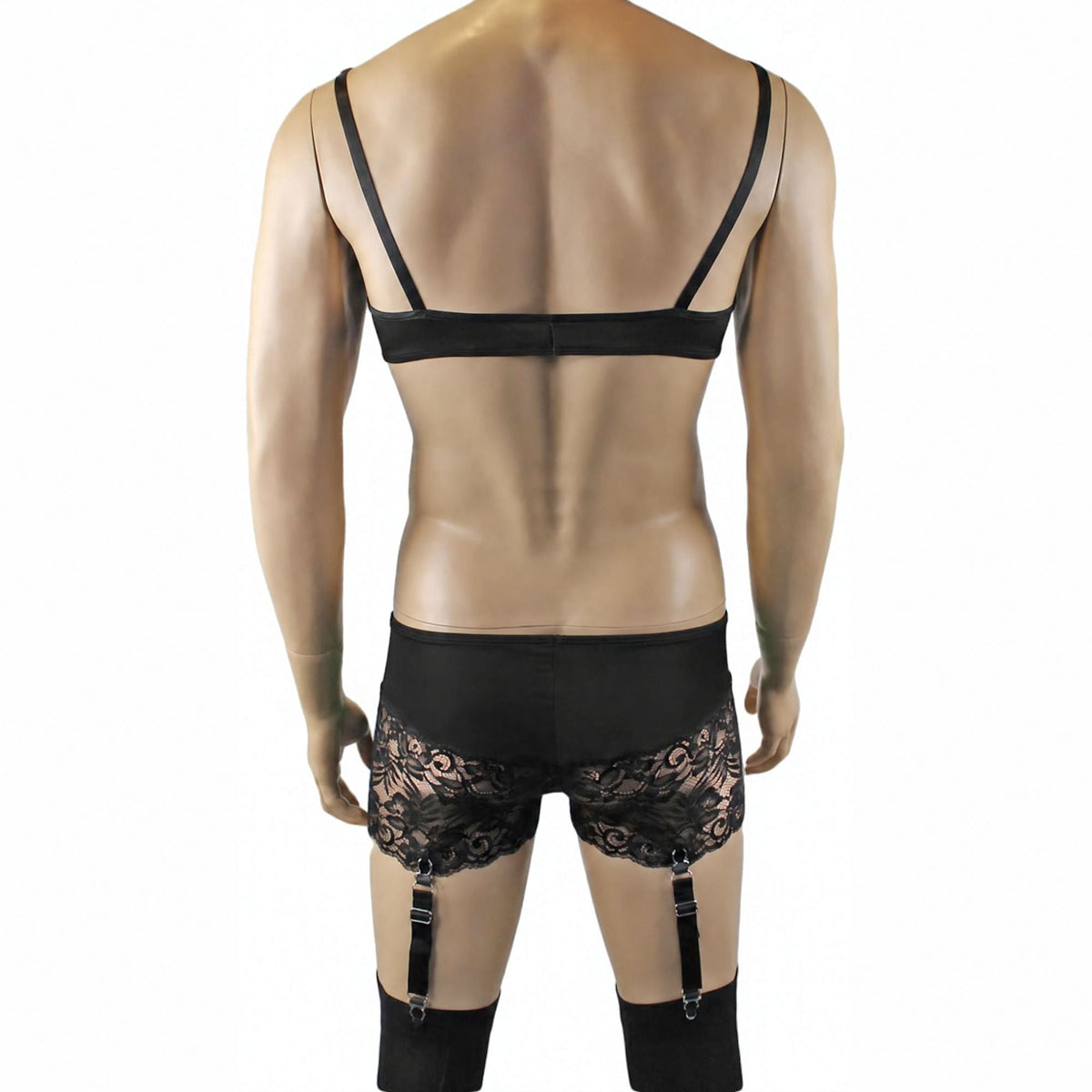 Mens Risque Bra Top, Boxer Briefs with Detachable Garters & Stockings Black & Black Lace