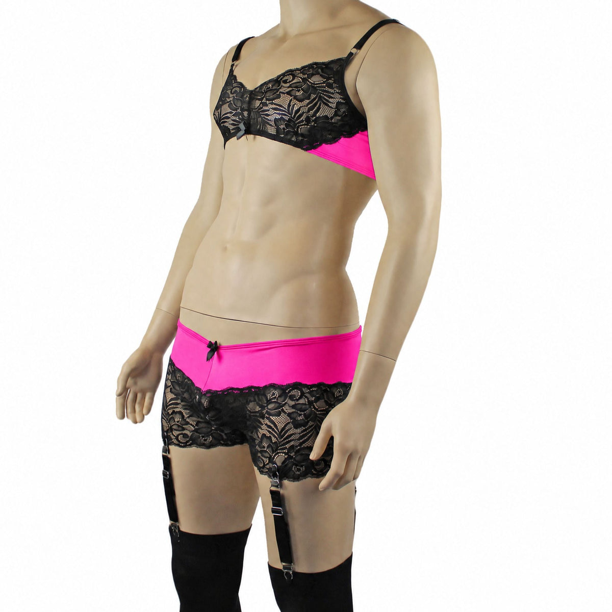 Mens Risque Bra Top, Boxer Briefs with Detachable Garters & Stockings Neon Pink & Black Lace