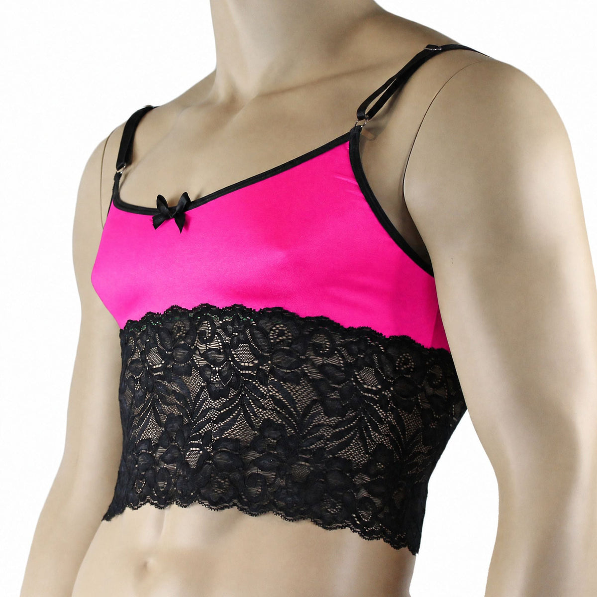Mens Risque Camisole Bra Top with Wide Lace Trim Neon Pink & Black