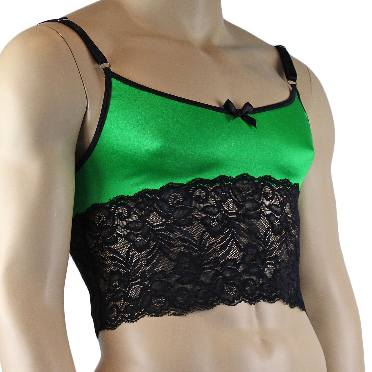 Mens Risque Camisole Bra Top with Wide Lace Trim (green and black lace plus other colours)