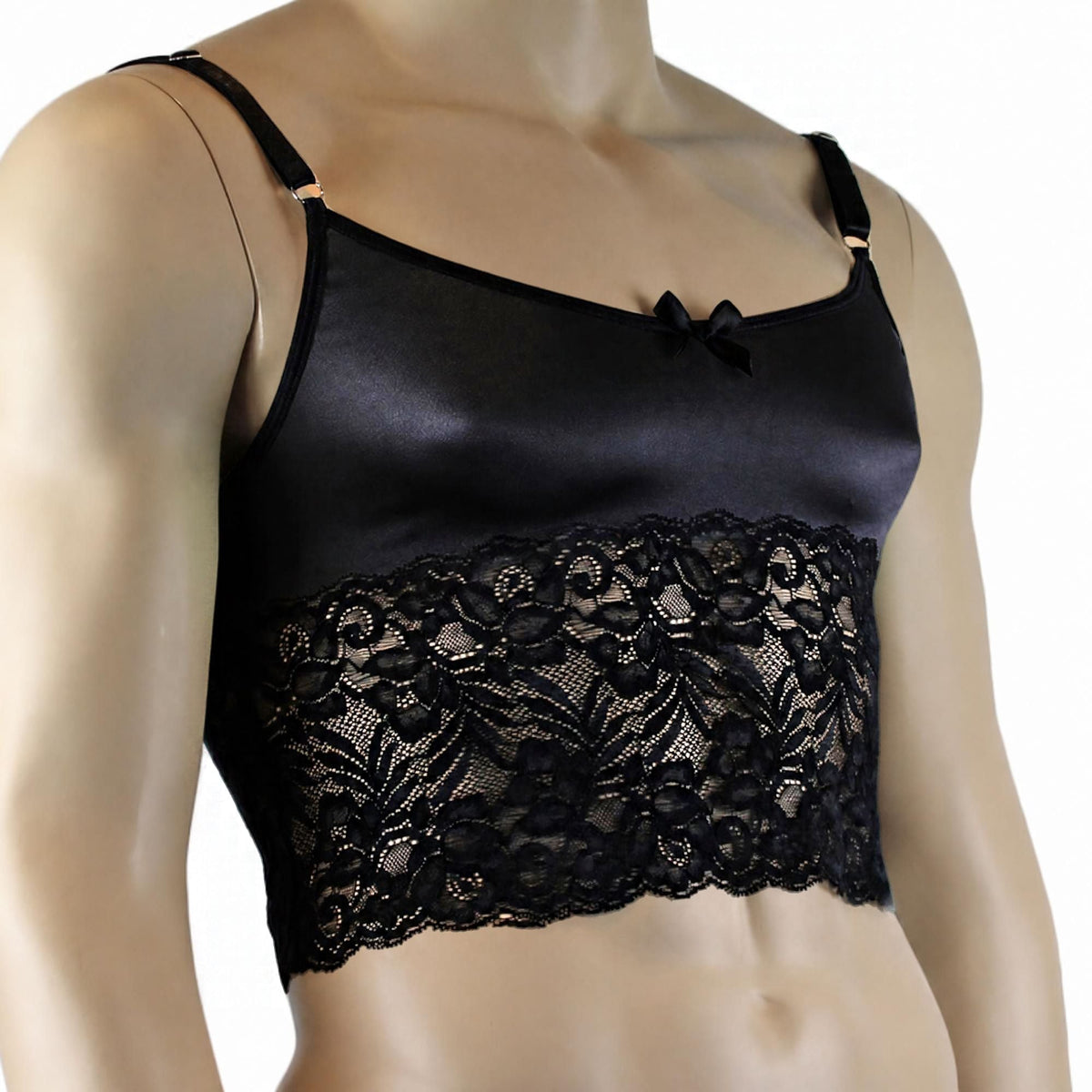 Mens Risque Camisole Bra Top with Wide Lace Trim Black