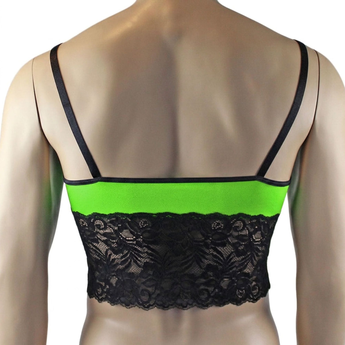 Mens Risque Camisole Top Boxer Briefs with Garters Neon Green & Black Lace