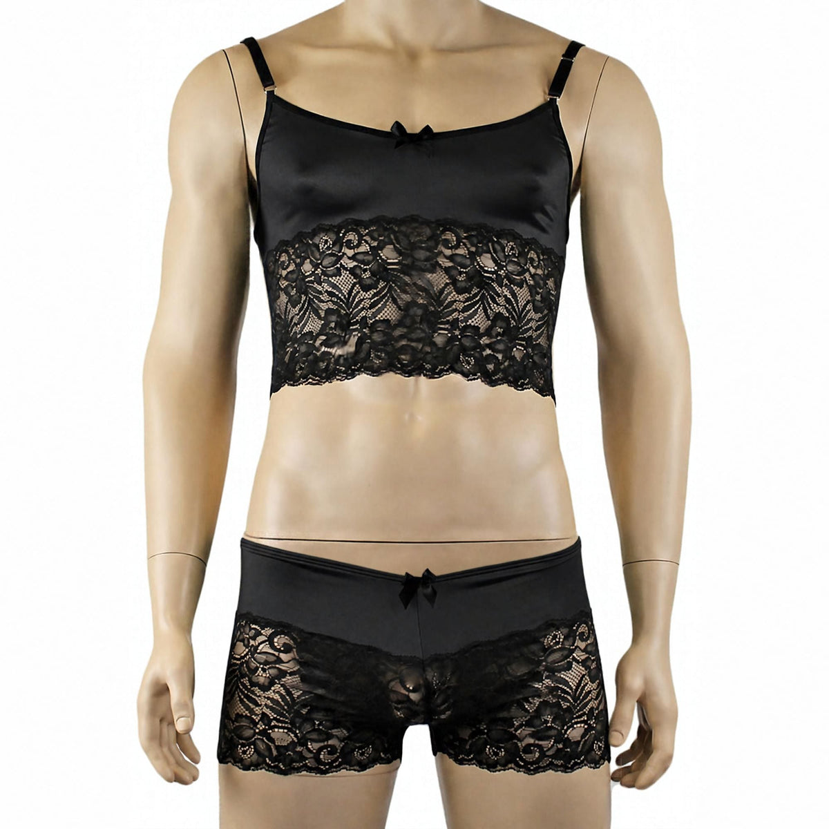 Mens Risque Camisole Top Boxer Briefs Neon Black & Black Lace