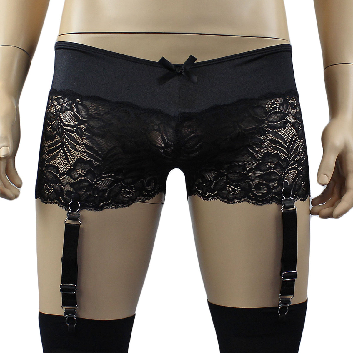 Mens Risque Bra Top, Boxer Briefs with Detachable Garters & Stockings Black & Black Lace